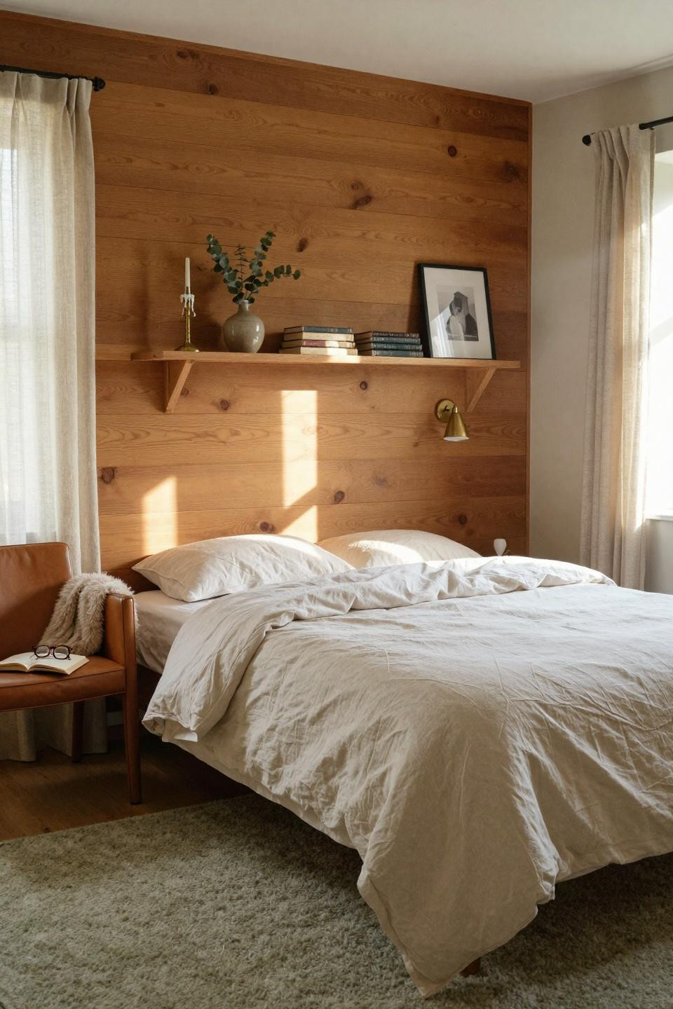 Master Bedrooms With Accent Wall - oak wall with integrated floating shelves