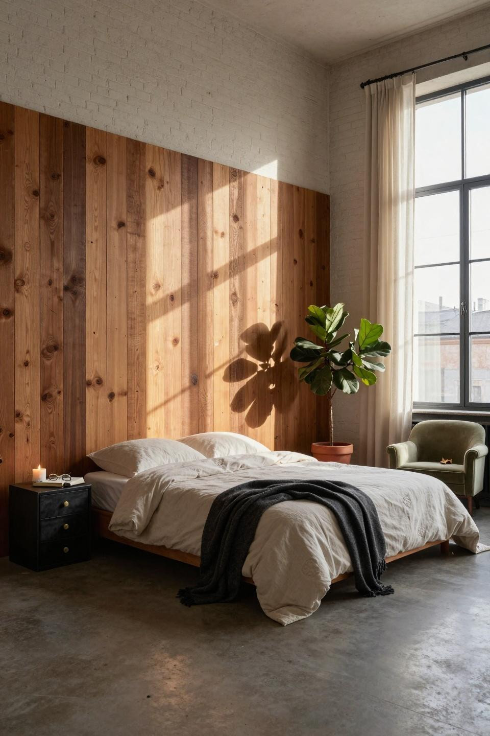 Master Bedrooms With Accent Wall - wood slat wall with sage green chair