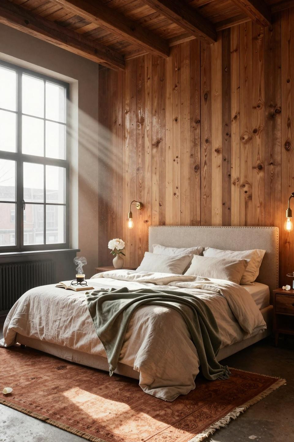 Master Bedrooms With Accent Wall - textured oak planks with dark wood furniture