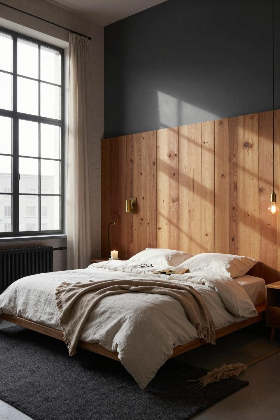 Master Bedrooms With Accent Wall - warm oak wall with concrete flooring