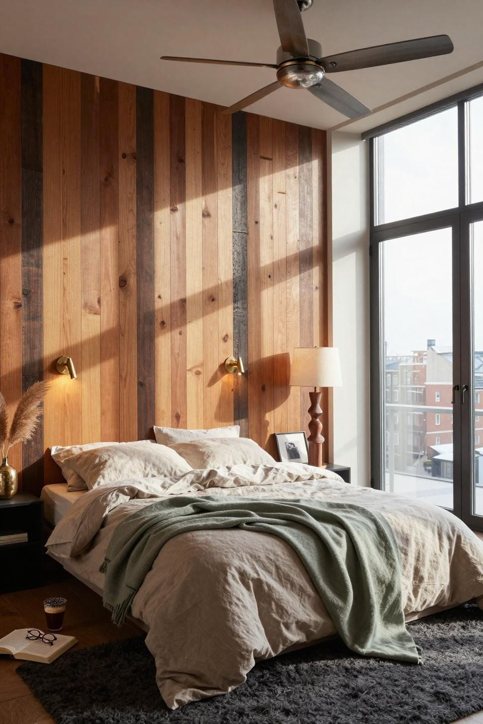 Master Bedrooms With Accent Wall - vertical wood planks in honey oak
