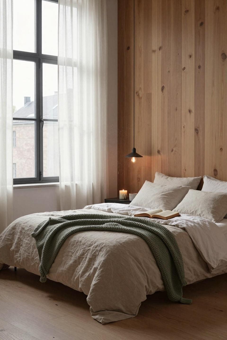 Master Bedrooms With Accent Wall - oak wall with soft green textile accent