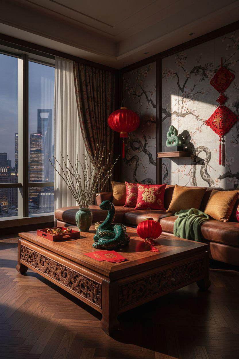 Year of the Snake decorations with rosewood table and jade sculptures