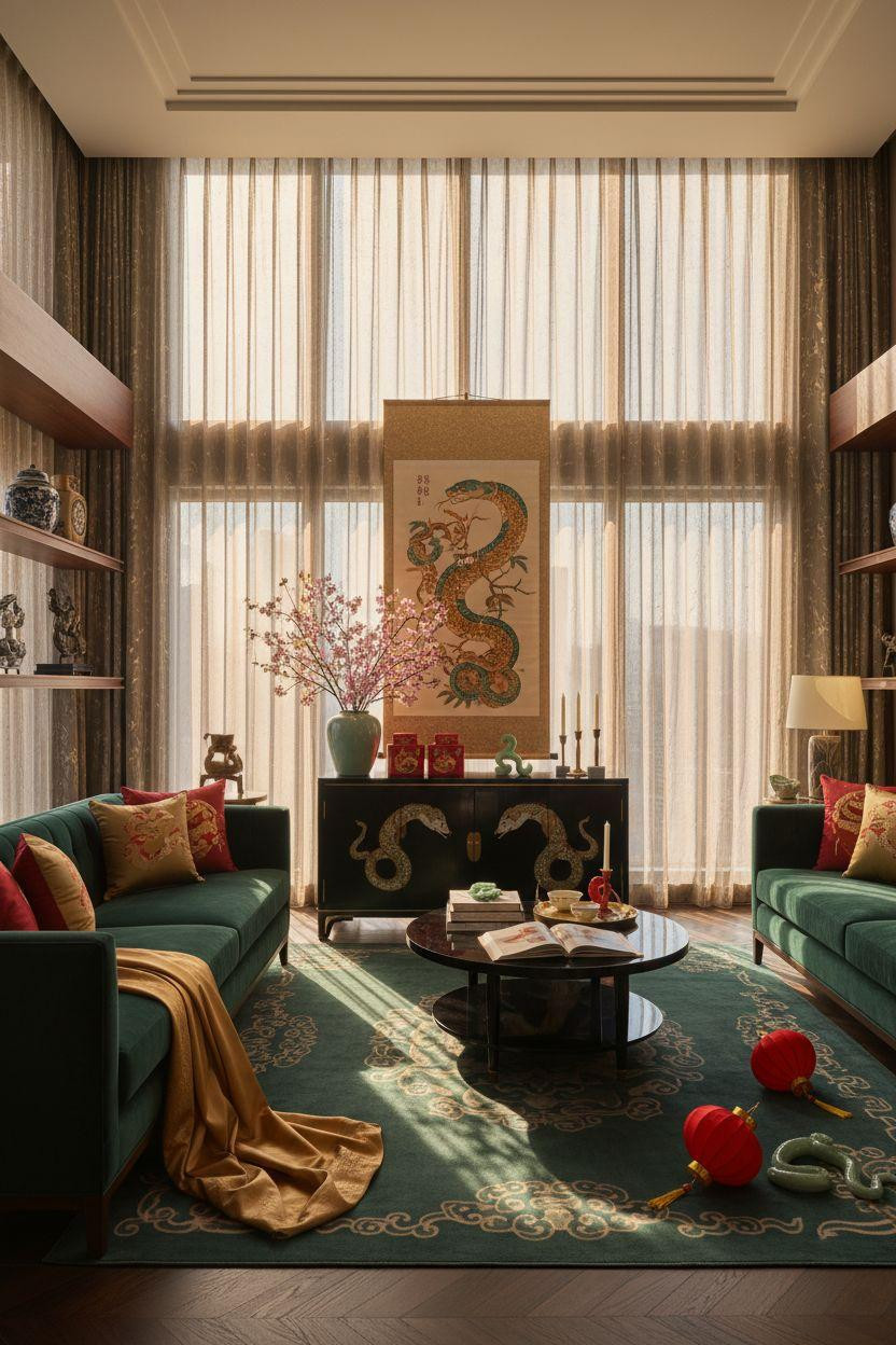 Year of the Snake decorations with emerald velvet sofa and jade sculptures