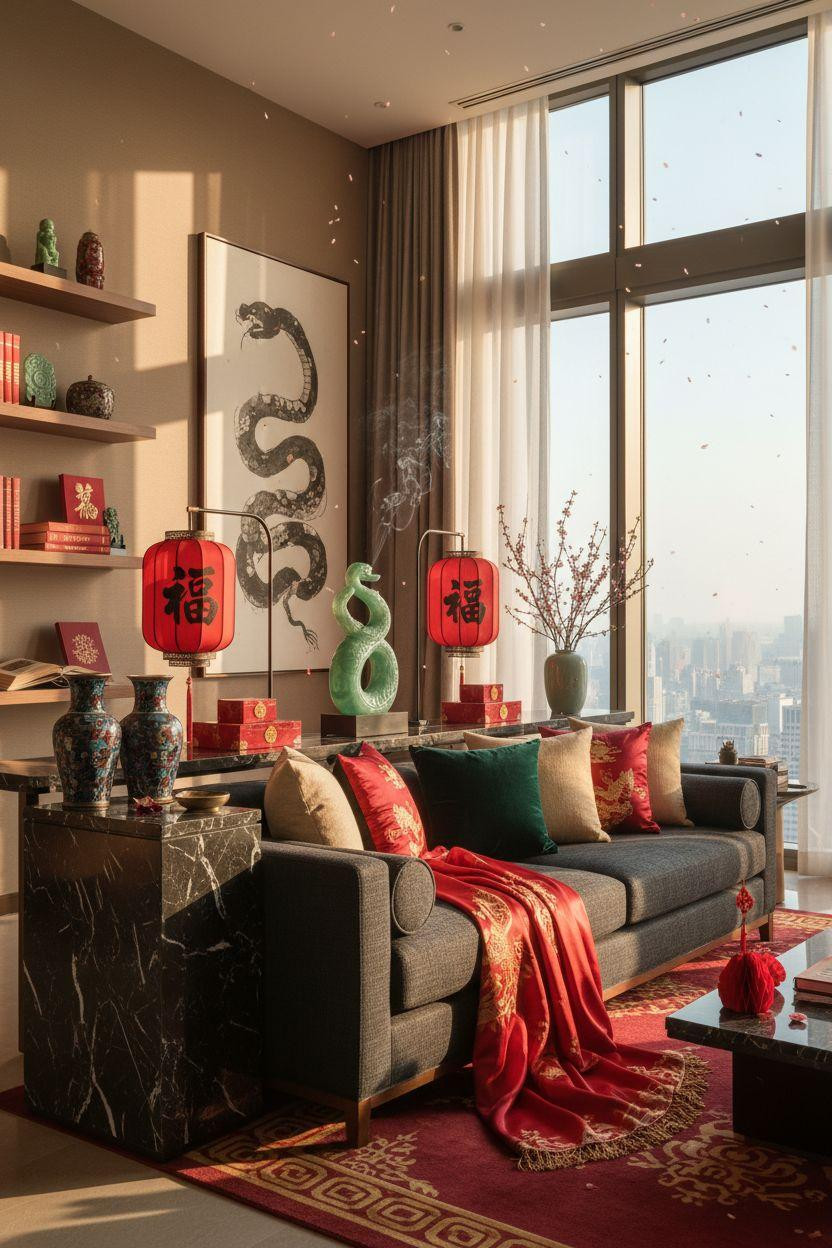 Year of the Snake decorations in luxury penthouse with jade and crimson silk