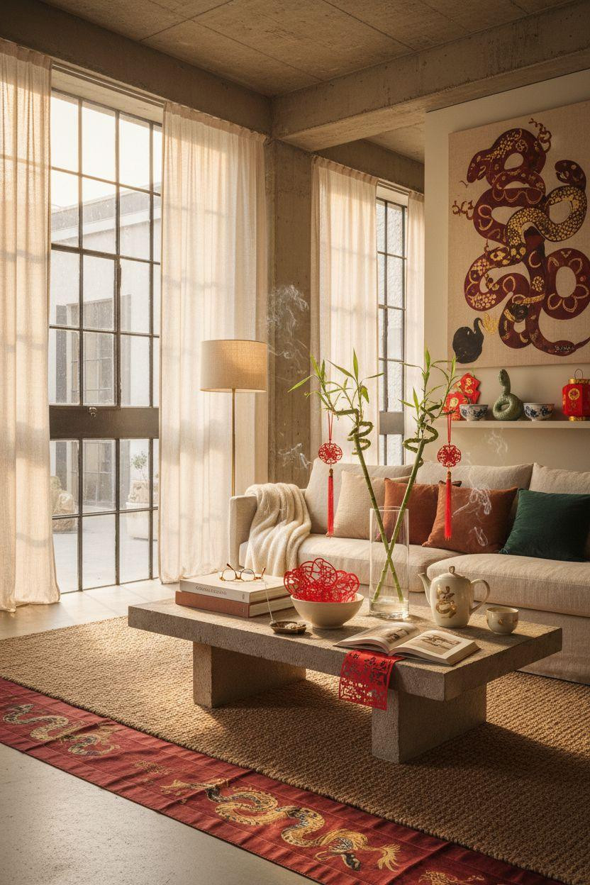 Year of the Snake decorations in minimalist room with paper-cut designs