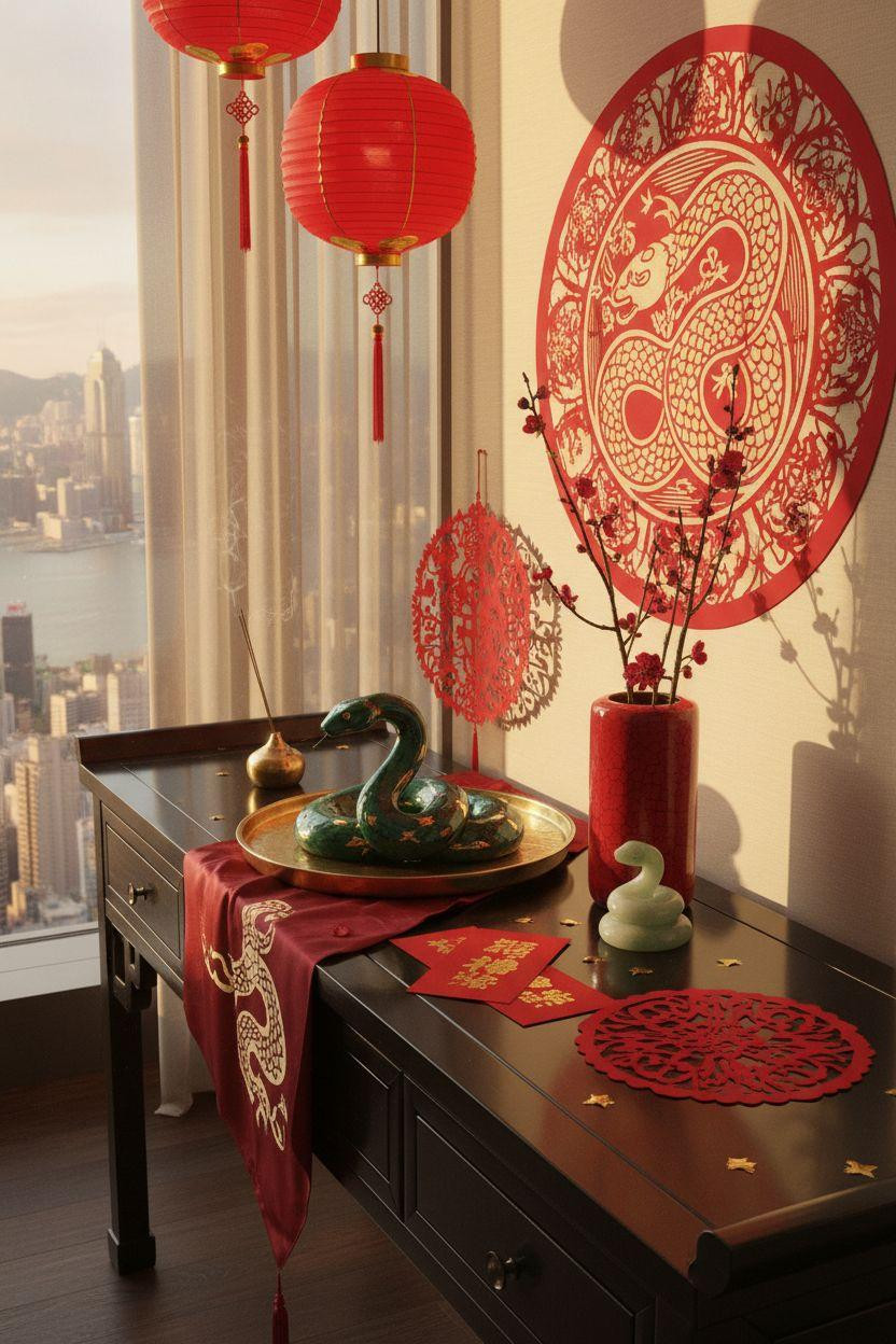 Year of the Snake decorations with porcelain plate and paper lanterns