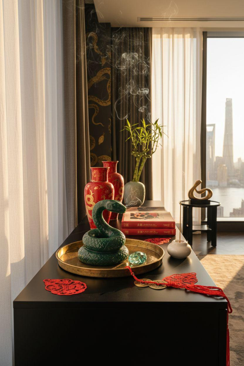 Year of the Snake decorations on black lacquered console with jade serpent