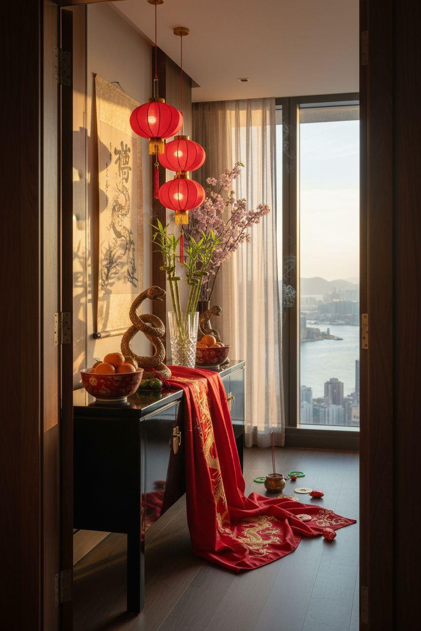 Year of the Snake decorations framed through doorway with red lanterns