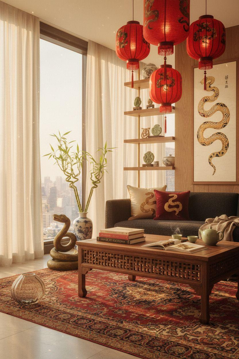 Year of the Snake decorations with hand-painted silk panels and brass snake sculpture