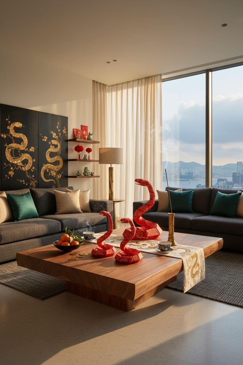 Year of the Snake decorations with three-dimensional paper snakes and walnut table