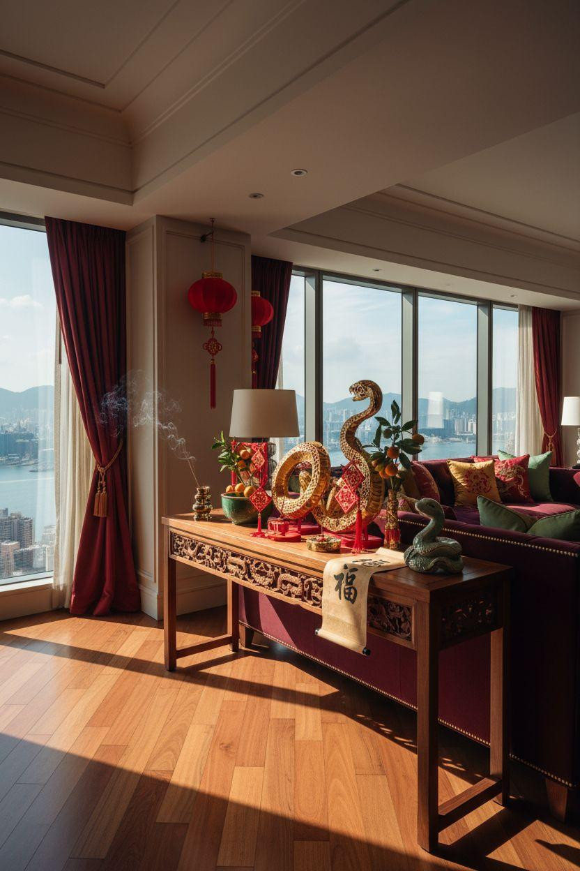 Year of the Snake decorations with rosewood console and silk lanterns