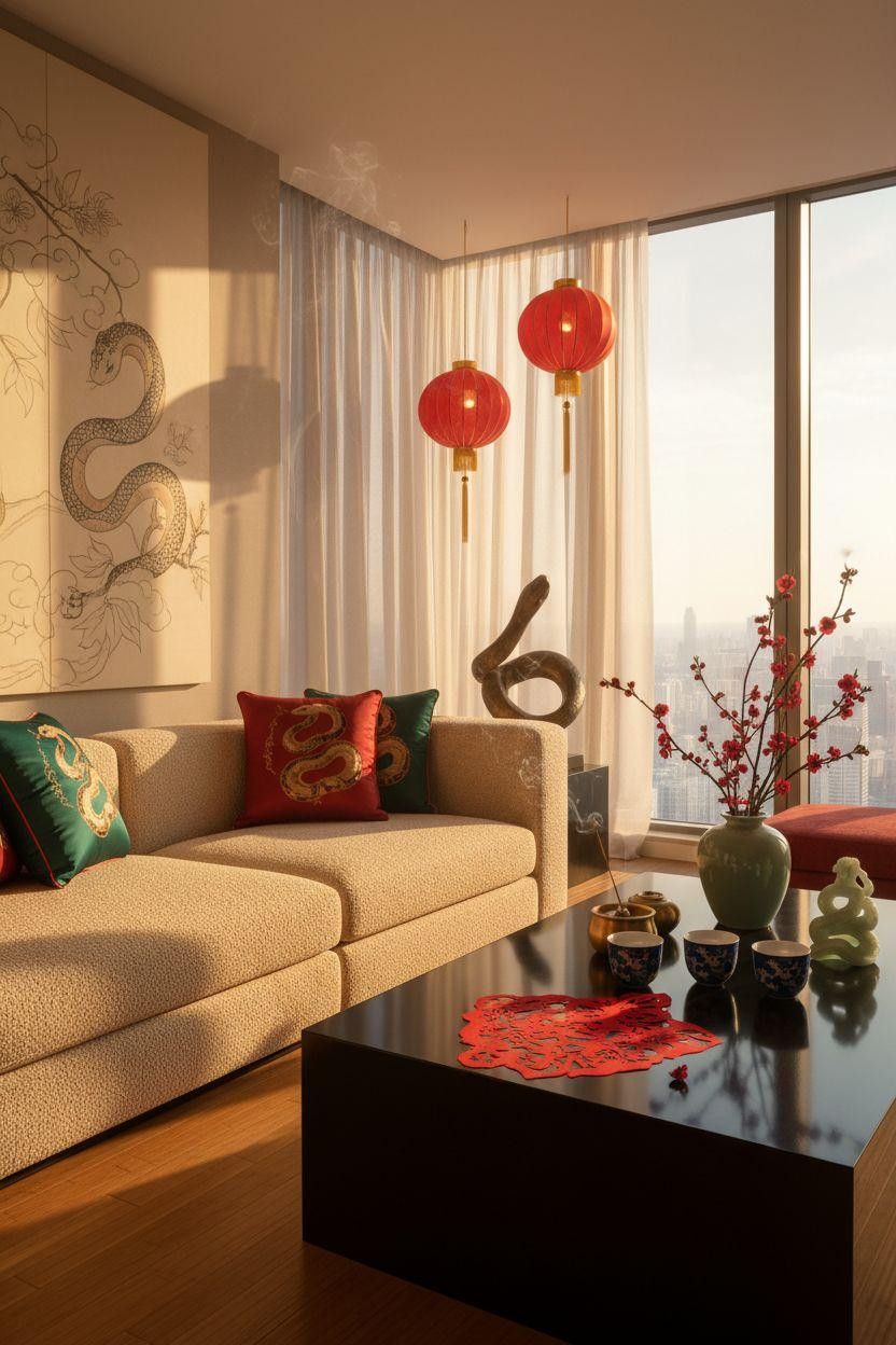 Year of the Snake decorations in serene space with silk wall hanging