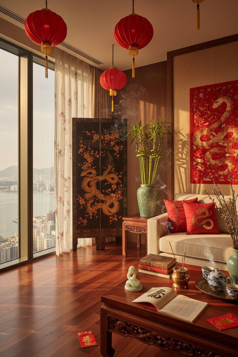 Year of the Snake decorations with teak console and paper-cut installation