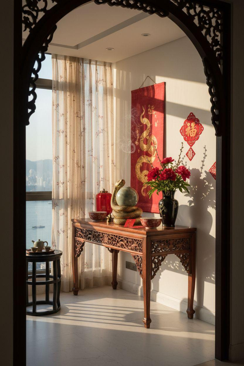 Year of the Snake decorations through arched doorway with brass snake sculpture