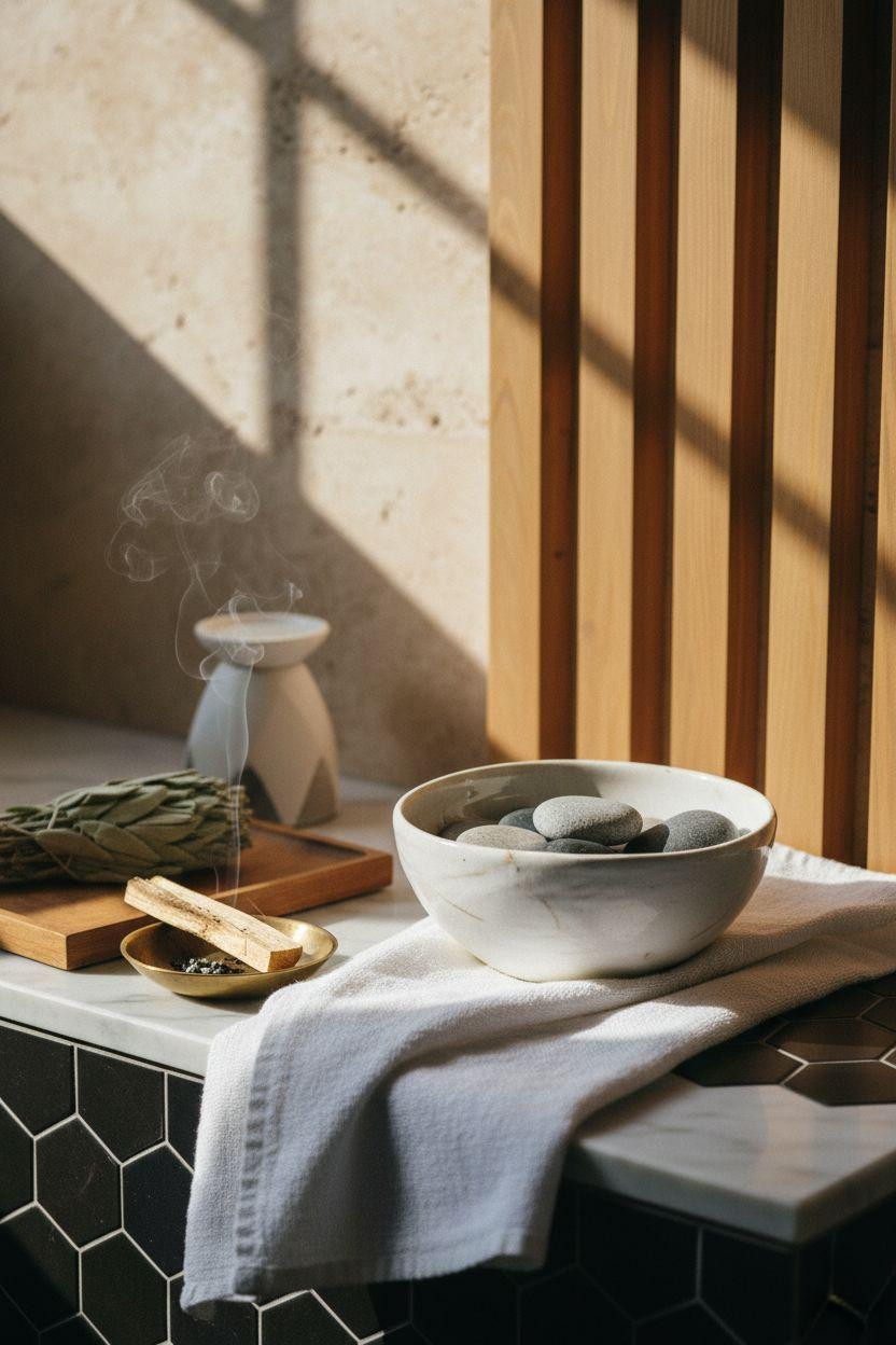 Spa Home Bathroom with black hexagon tiles and geometric patterns