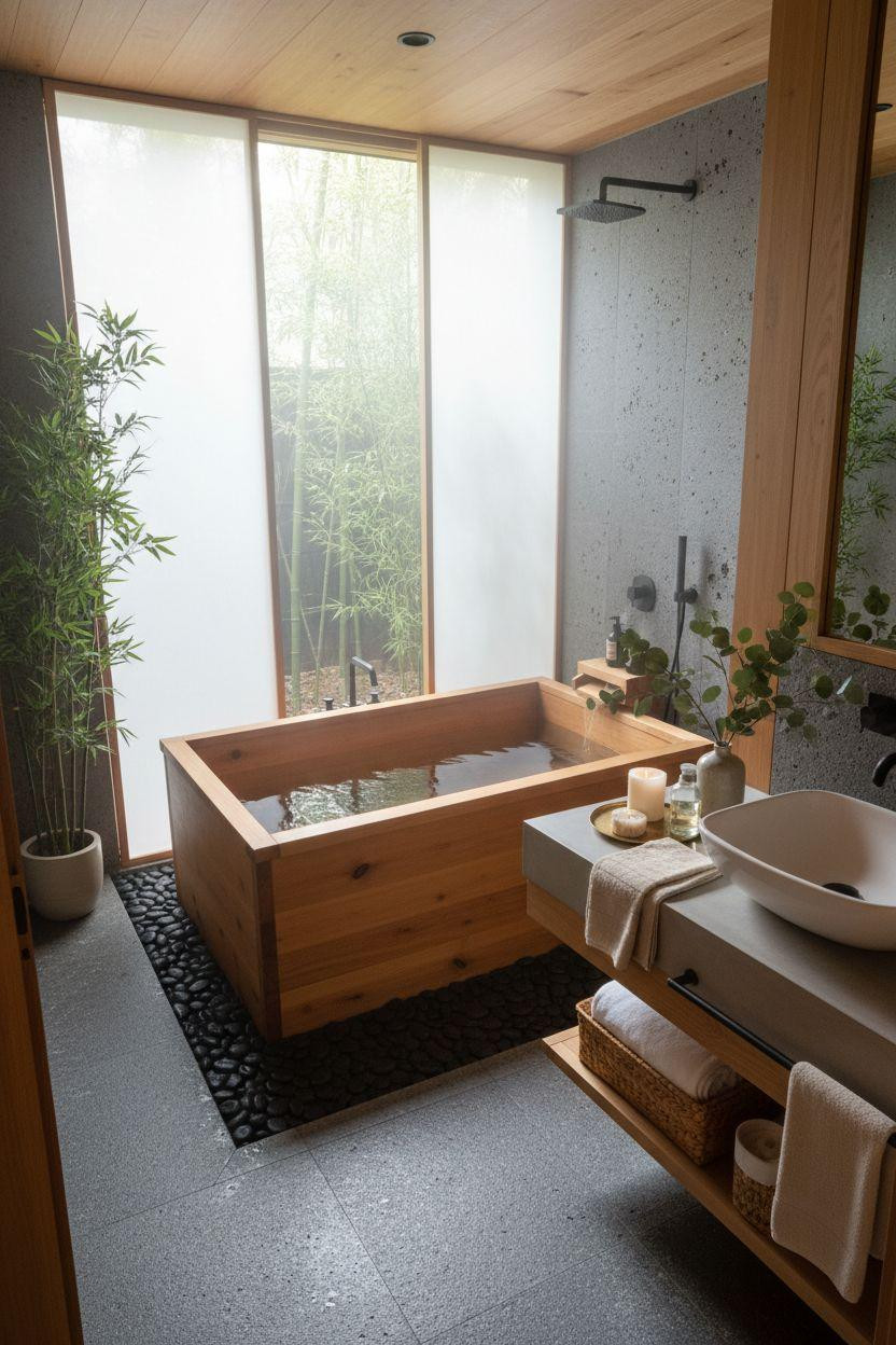 Spa Home Bathroom with bamboo forest views and teak soaking tub