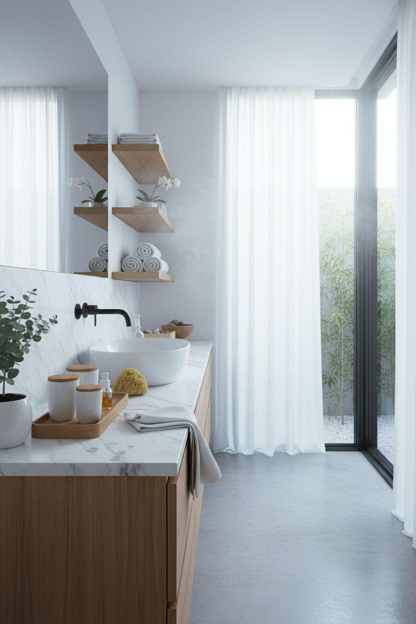 Spa Home Bathroom with floating teak shelves and ceramic storage