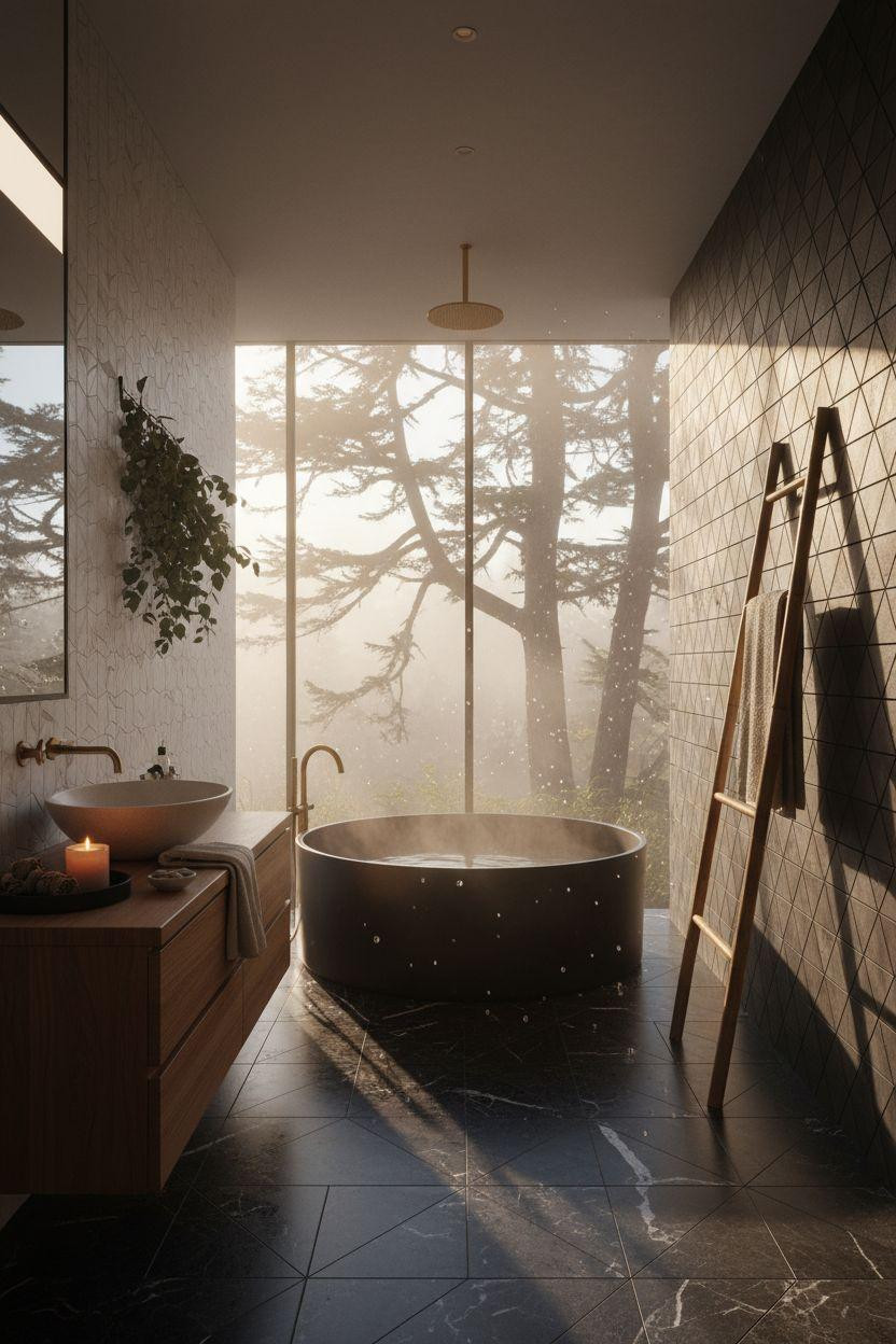 Spa Home Bathroom with geometric cement tiles and bamboo accents