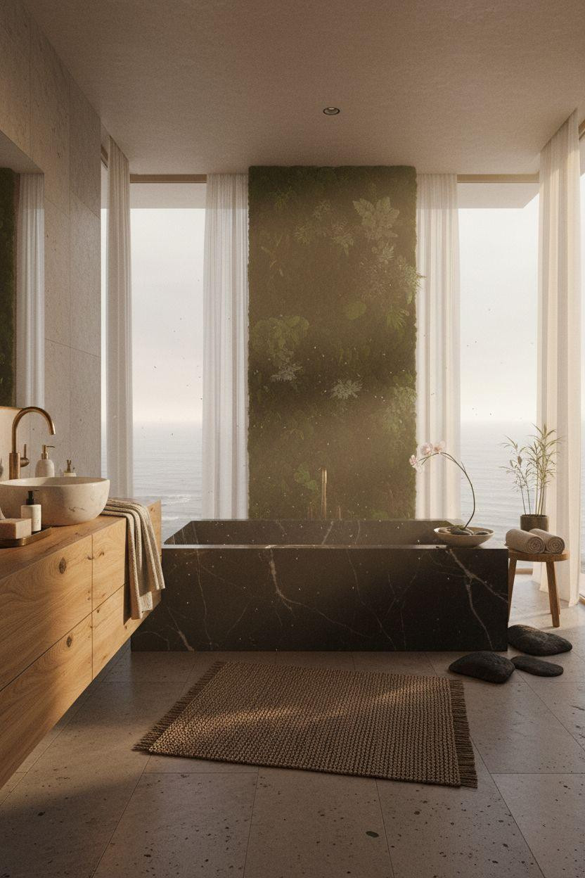 Spa Home Bathroom with black marble and preserved moss wall
