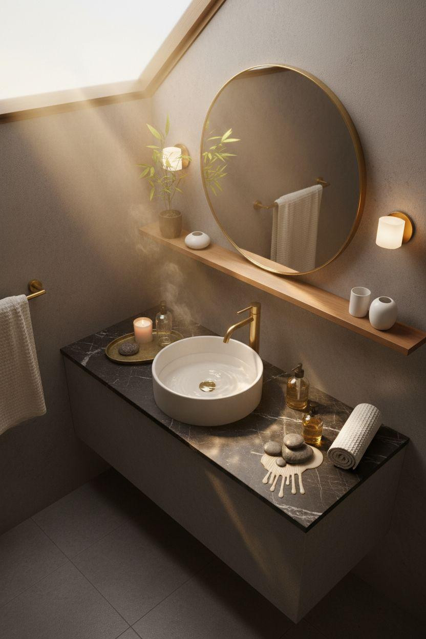 Spa Home Bathroom with charcoal concrete and brass details