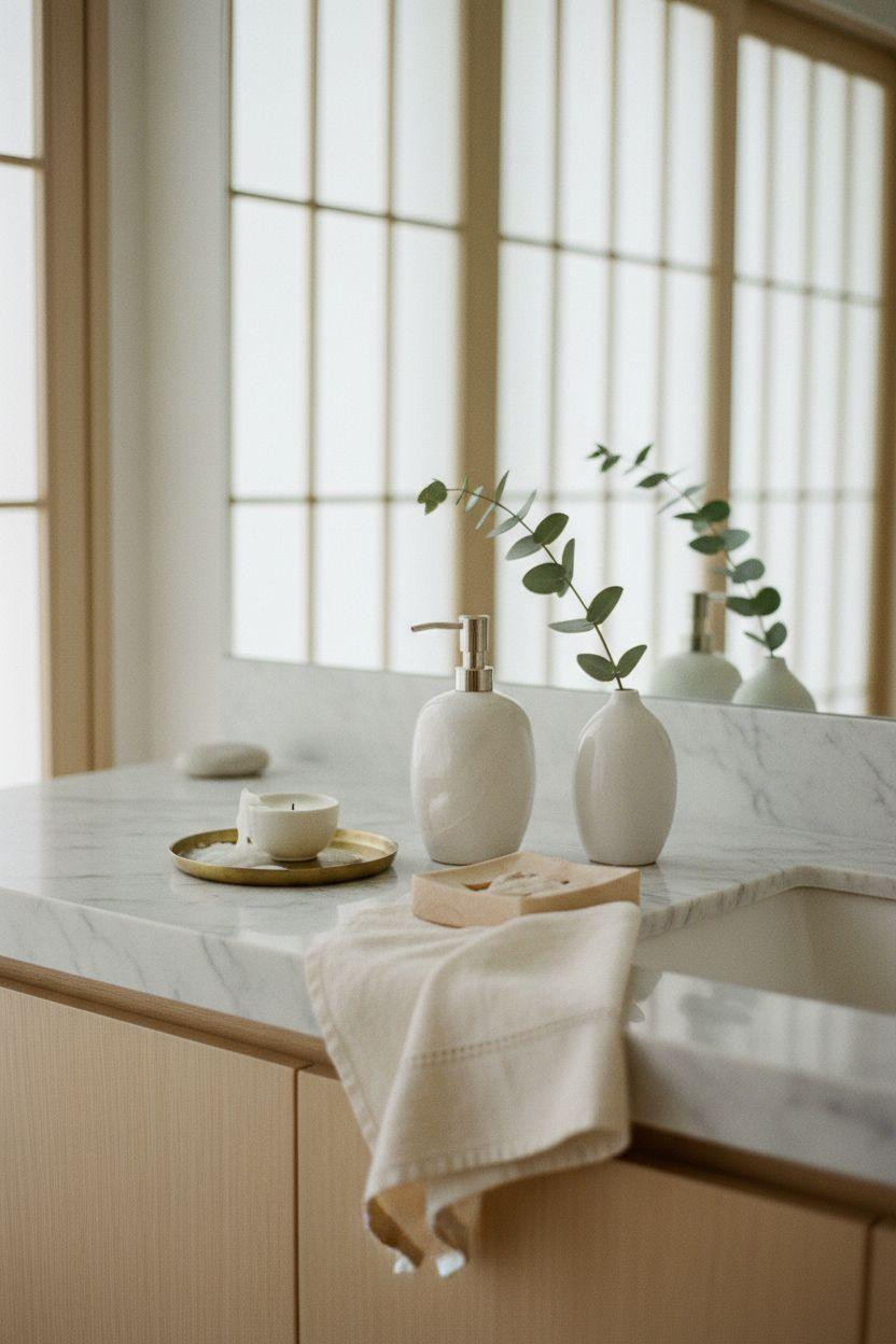 Spa Home Bathroom with pale hinoki wood and marble surfaces