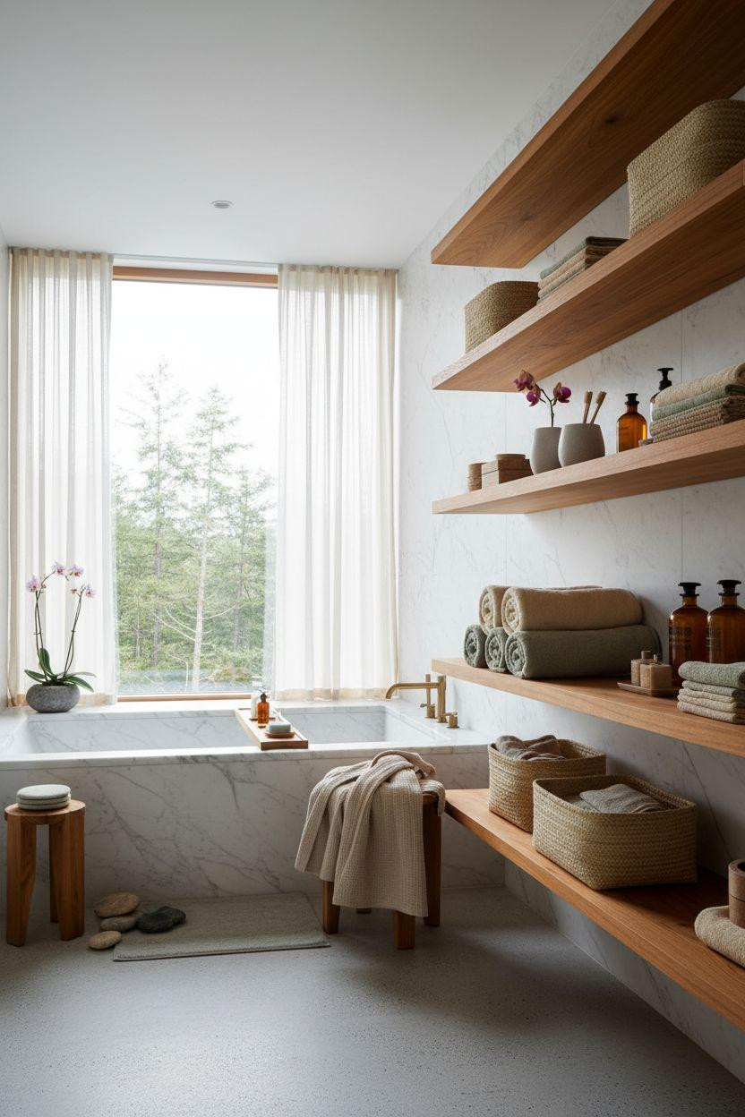 Spa Home Bathroom with teak floating shelves and towel storage