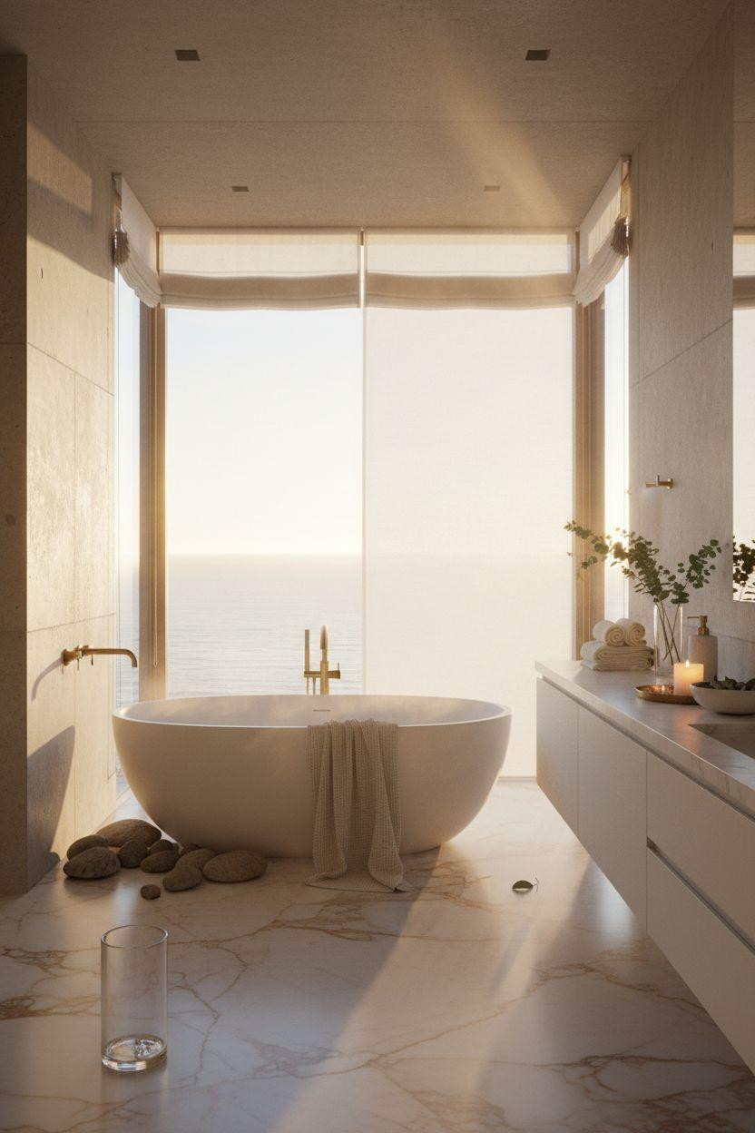 Spa Home Bathroom with panoramic ocean views and concrete walls