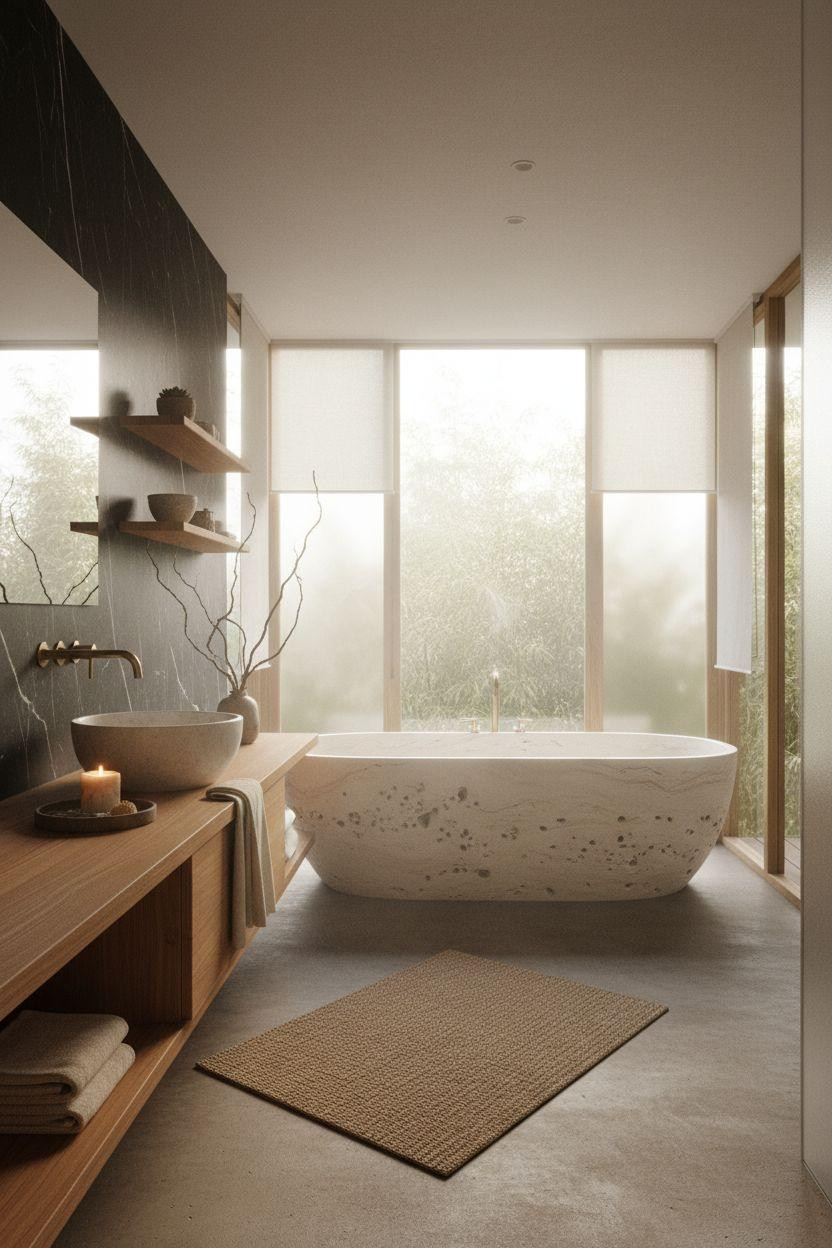 Spa Home Bathroom with artisan carved travertine soaking tub