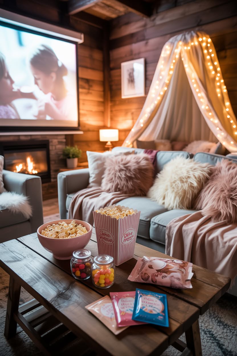 Cabin movie night with projector screen fluffy pillows popcorn candy and fairy light canopy