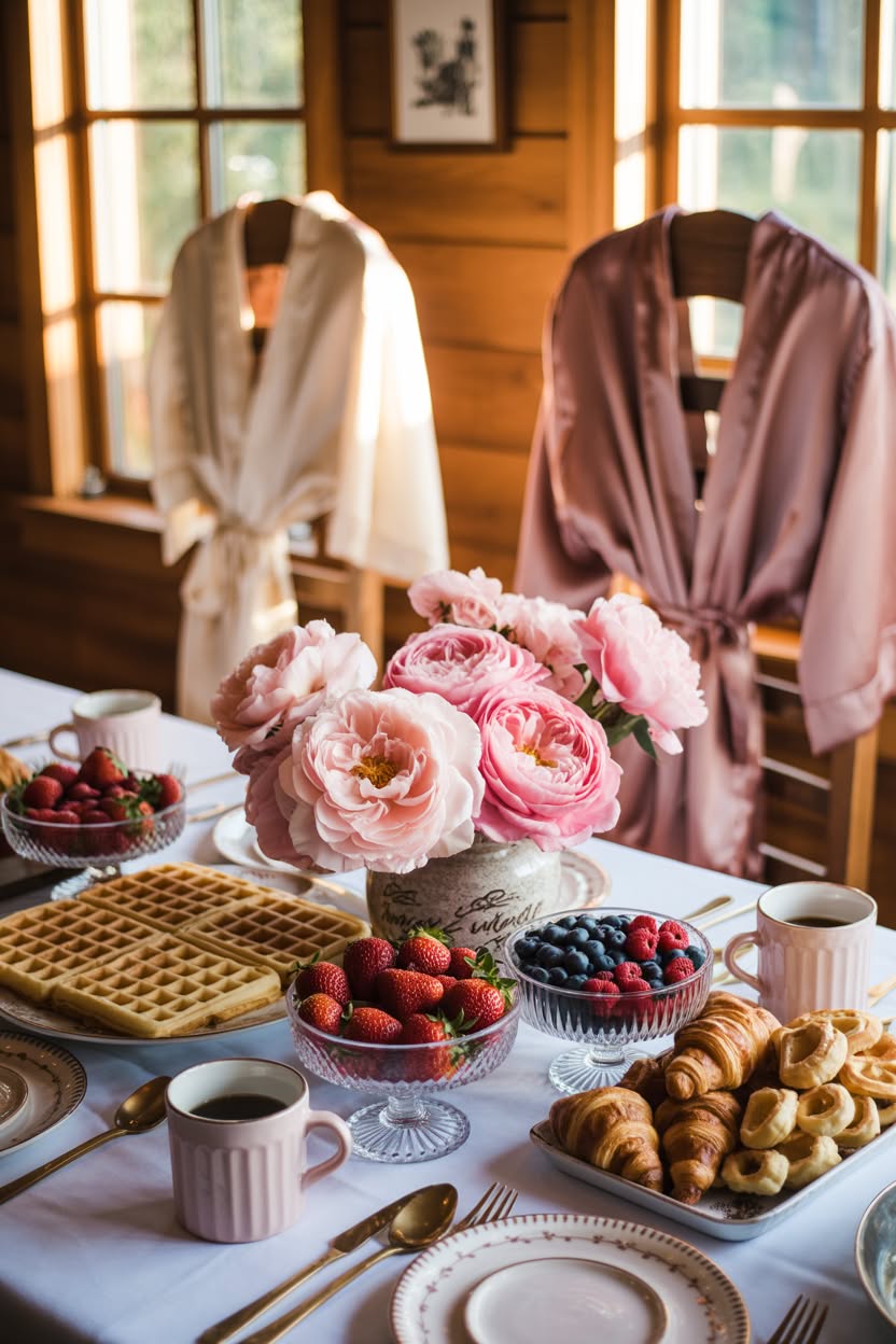 Breakfast table with waffles croissants berries pink roses and satin robes hanging in cabin