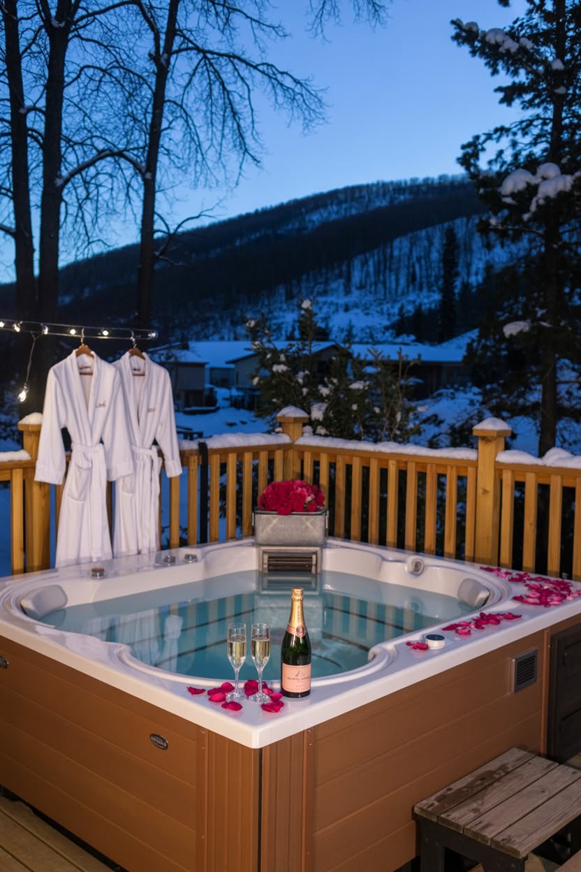 Outdoor hot tub with champagne rose petals white robes and snowy mountain view at dusk