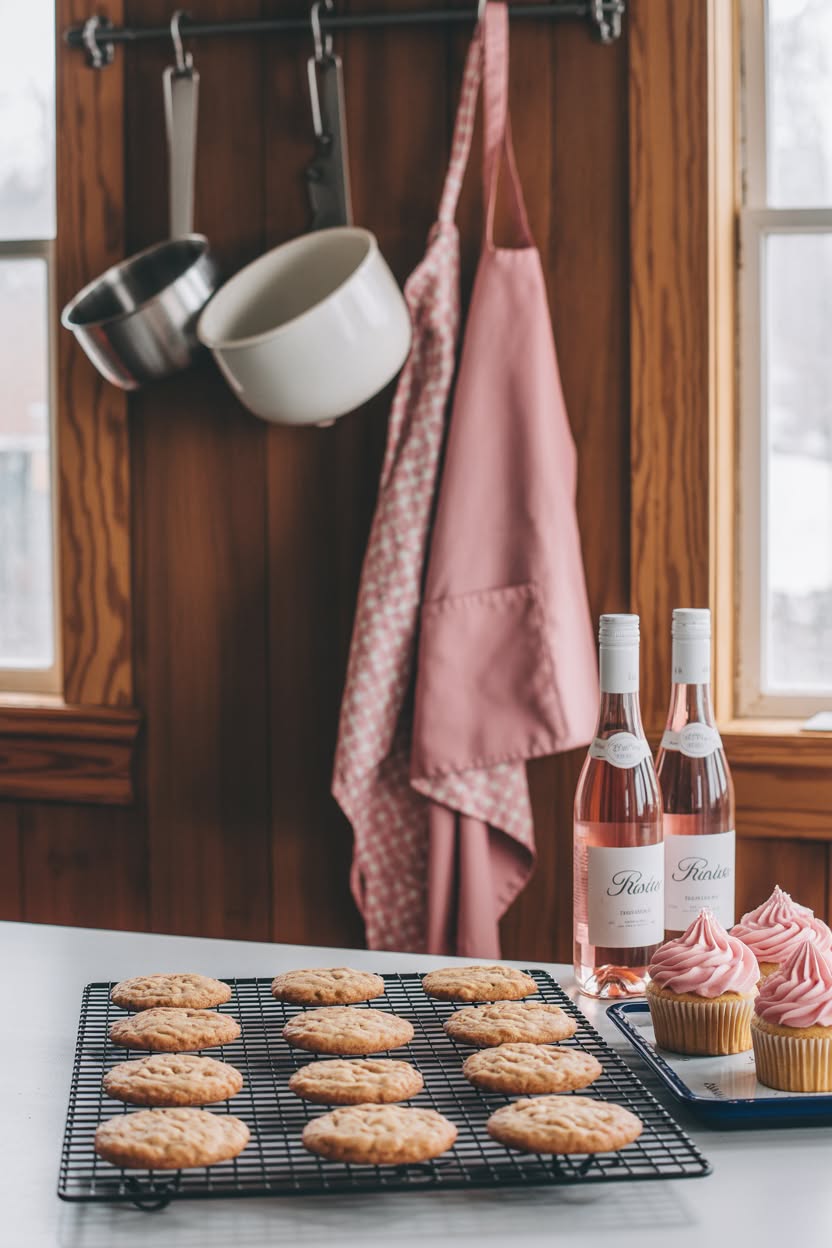 Freshly baked cookies on cooling rack with pink frosted cupcakes rose wine and aprons in cabin kitchen