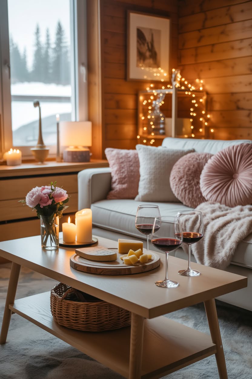 Cabin living room with pink pillows wine glasses cheese board candles and snowy window view