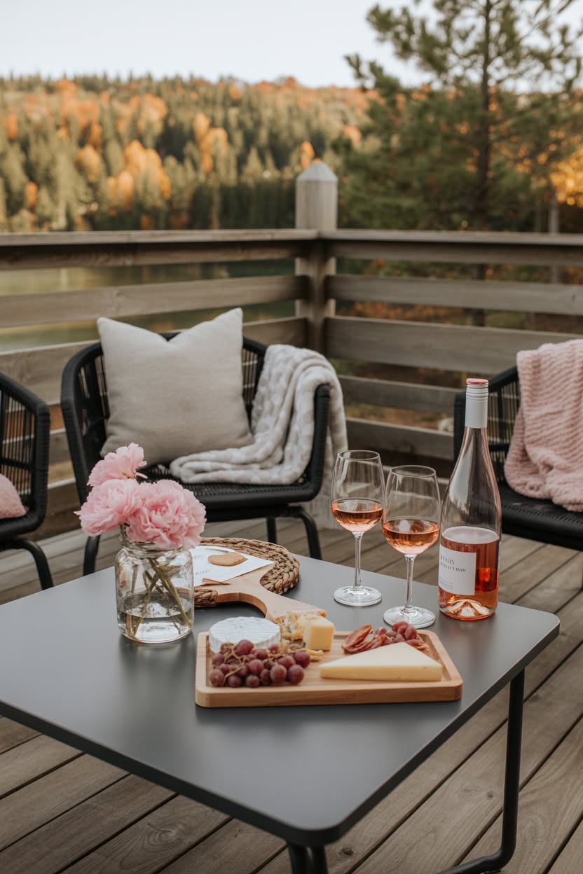 Outdoor deck with rosé wine glasses charcuterie board and pink peonies overlooking autumn forest