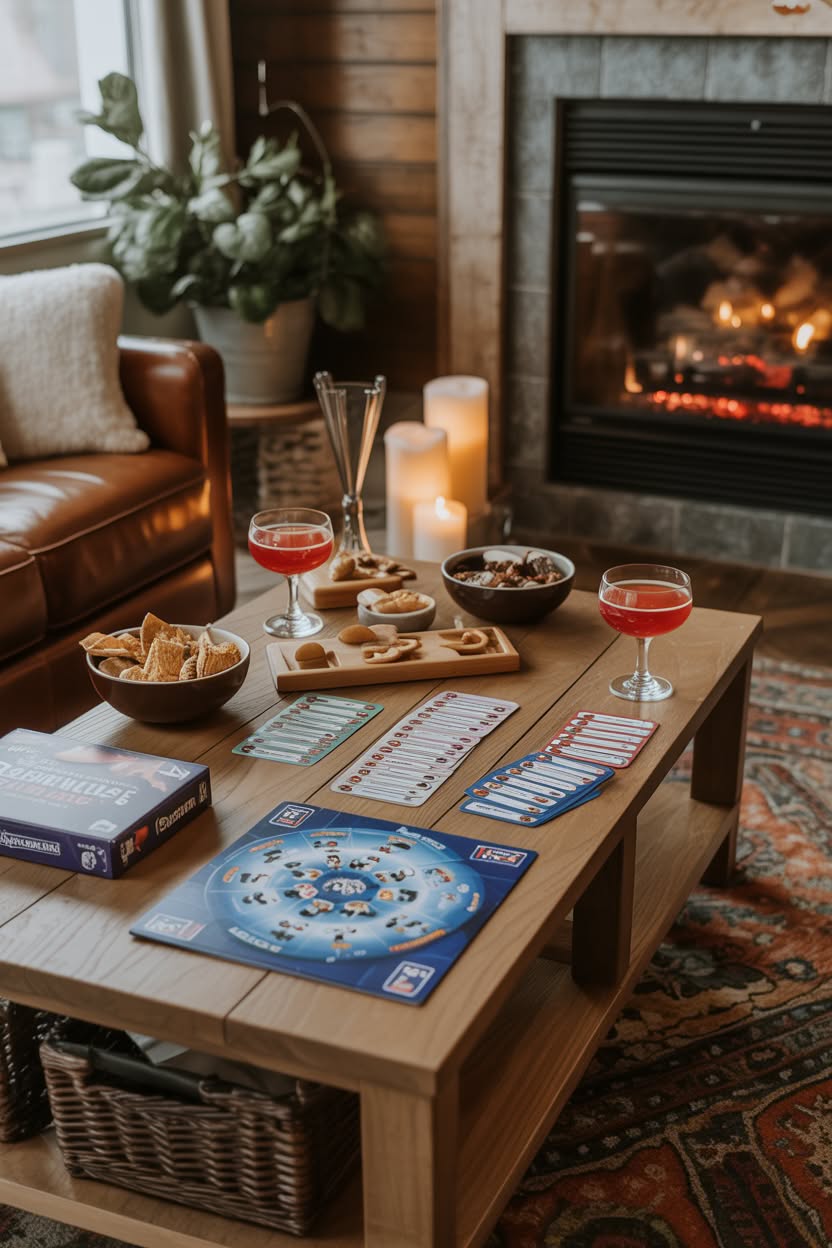 Board game setup on coffee table with snacks wine glasses and fireplace in cabin living room