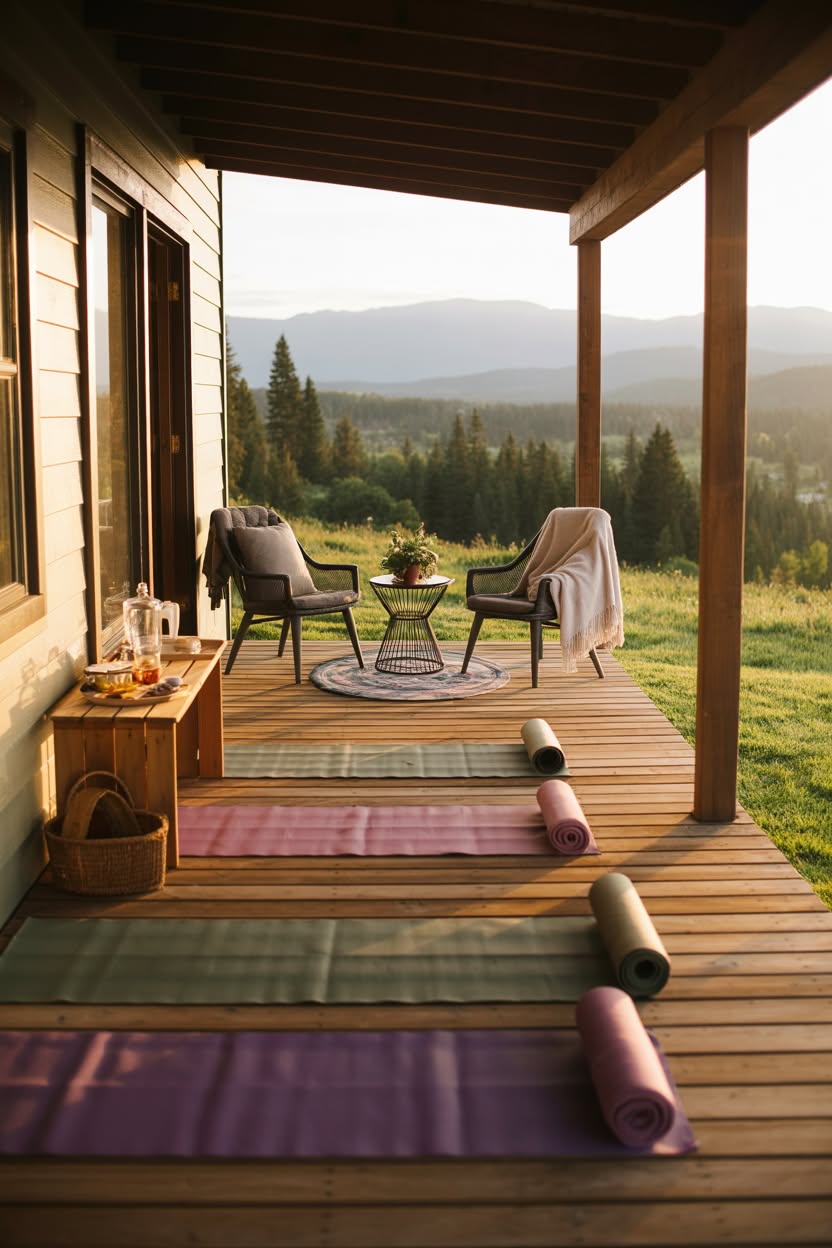 Yoga mats in purple pink and beige on wooden cabin porch with mountain views at sunrise