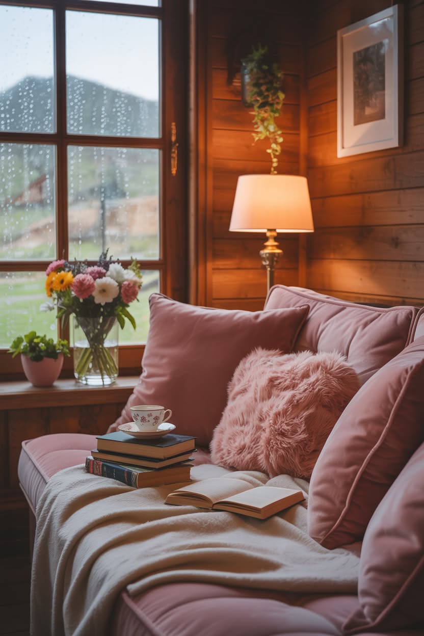 Pink velvet couch with books teacup fluffy pillows and flowers by rainy cabin window