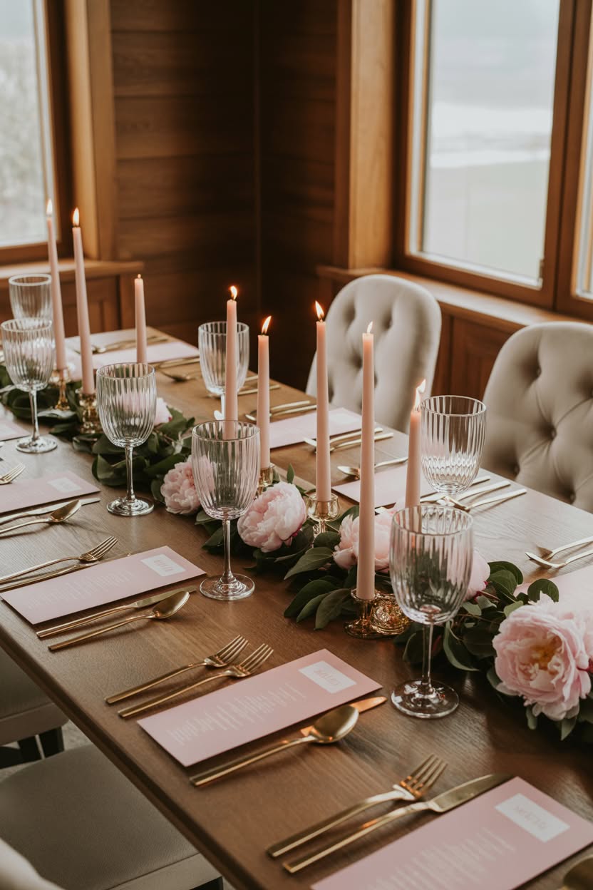 Elegant dinner table with pink taper candles peonies gold cutlery and crystal glasses in cabin