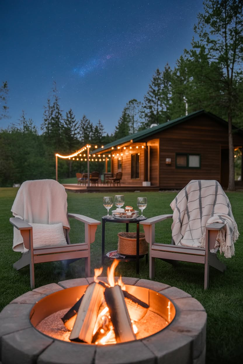 Stone fire pit with Adirondack chairs blankets wine glasses and cabin with string lights at night