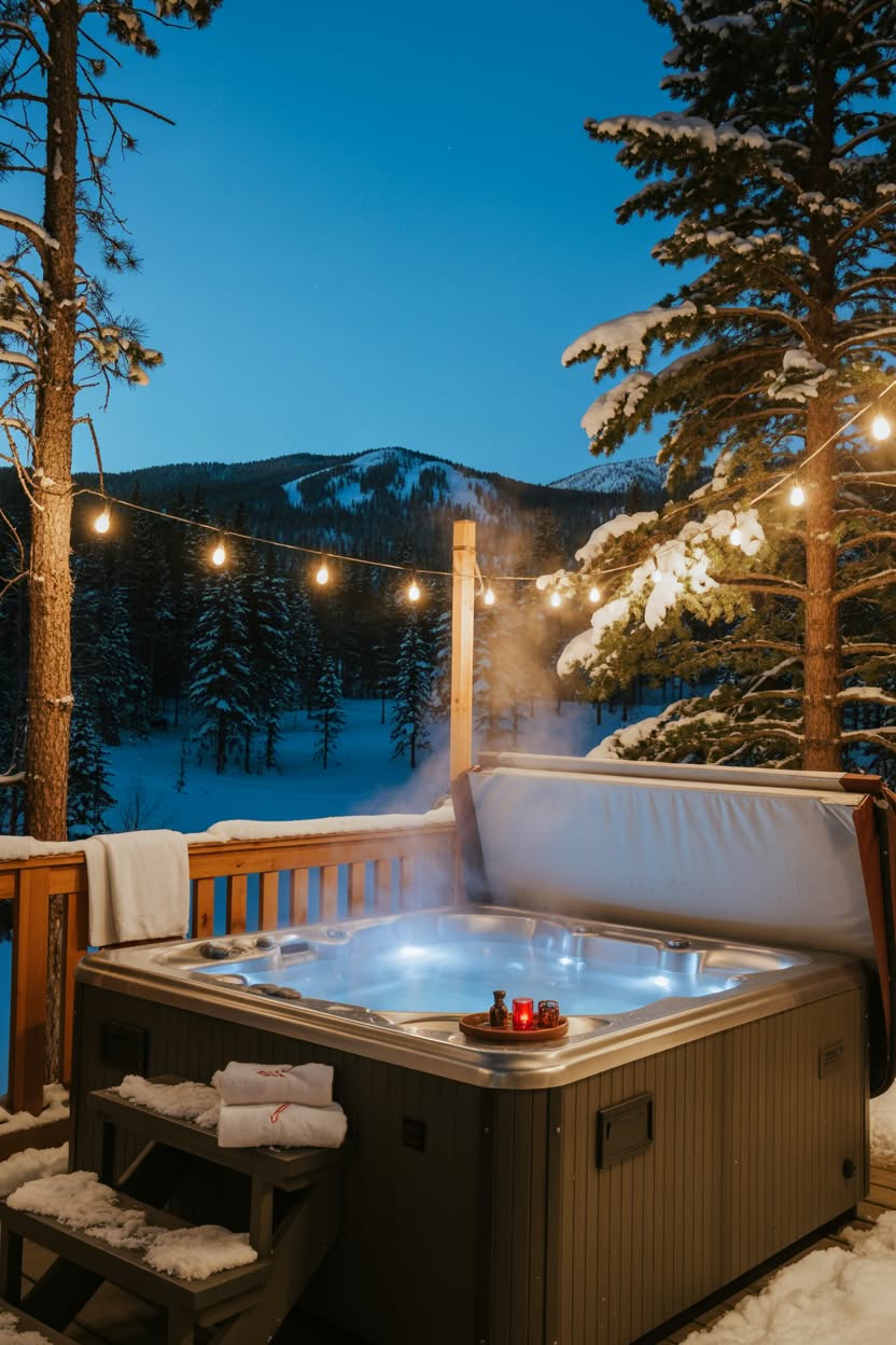 Outdoor hot tub with steam rising on snowy deck with string lights and mountain views at dusk