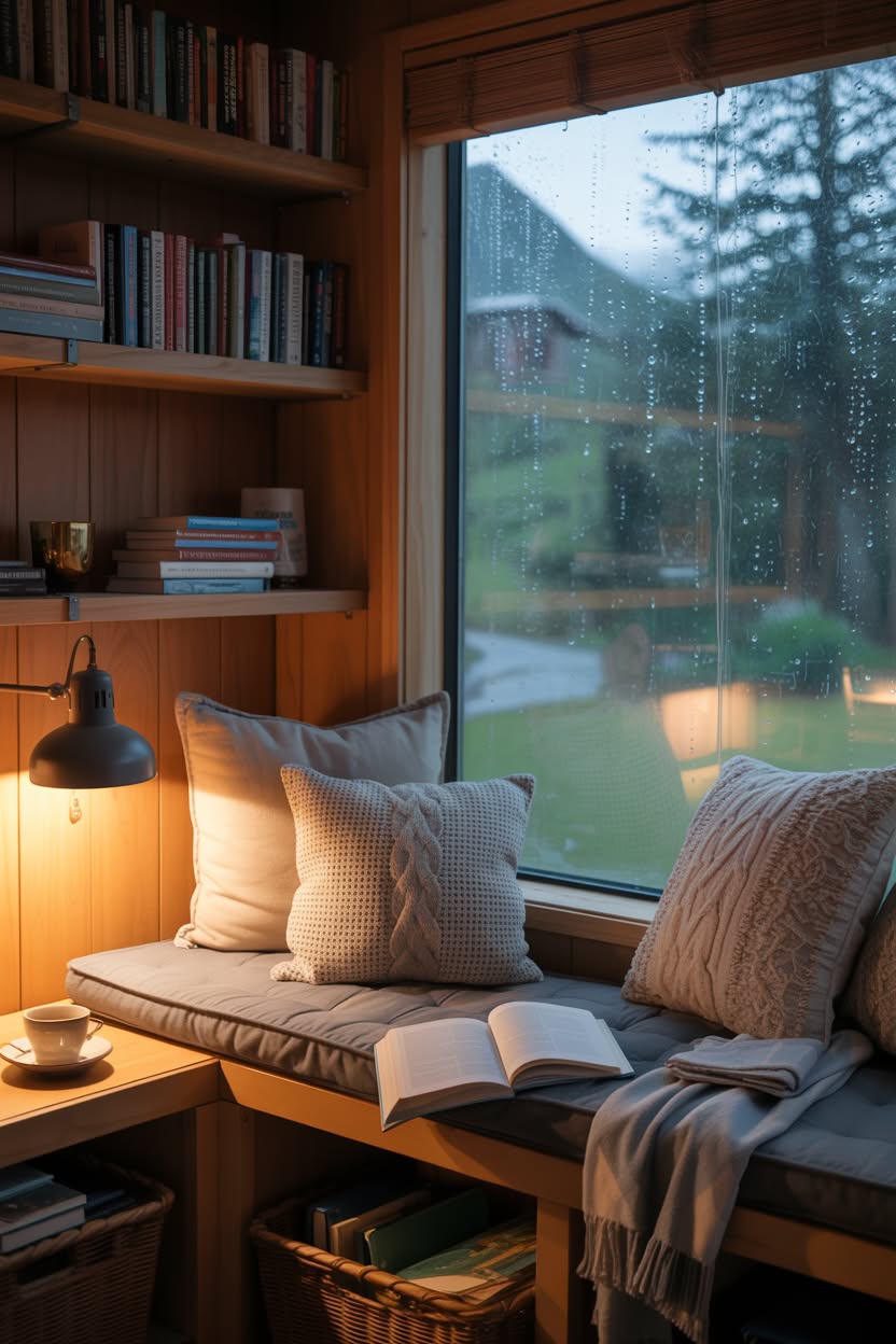 Built-in window seat with cushions books and tea watching rain through window in cabin nook