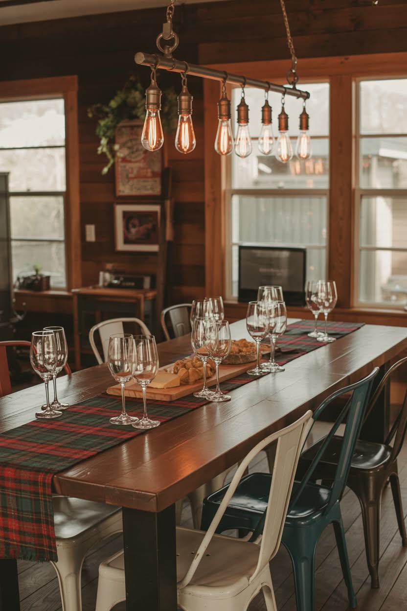 Long farmhouse dining table with tartan runner wine glasses and Edison bulb chandelier in cabin