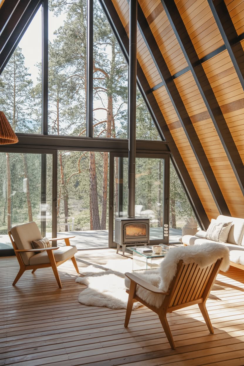 A-frame cabin interior with floor to ceiling windows wood stove and mid-century furniture overlooking forest