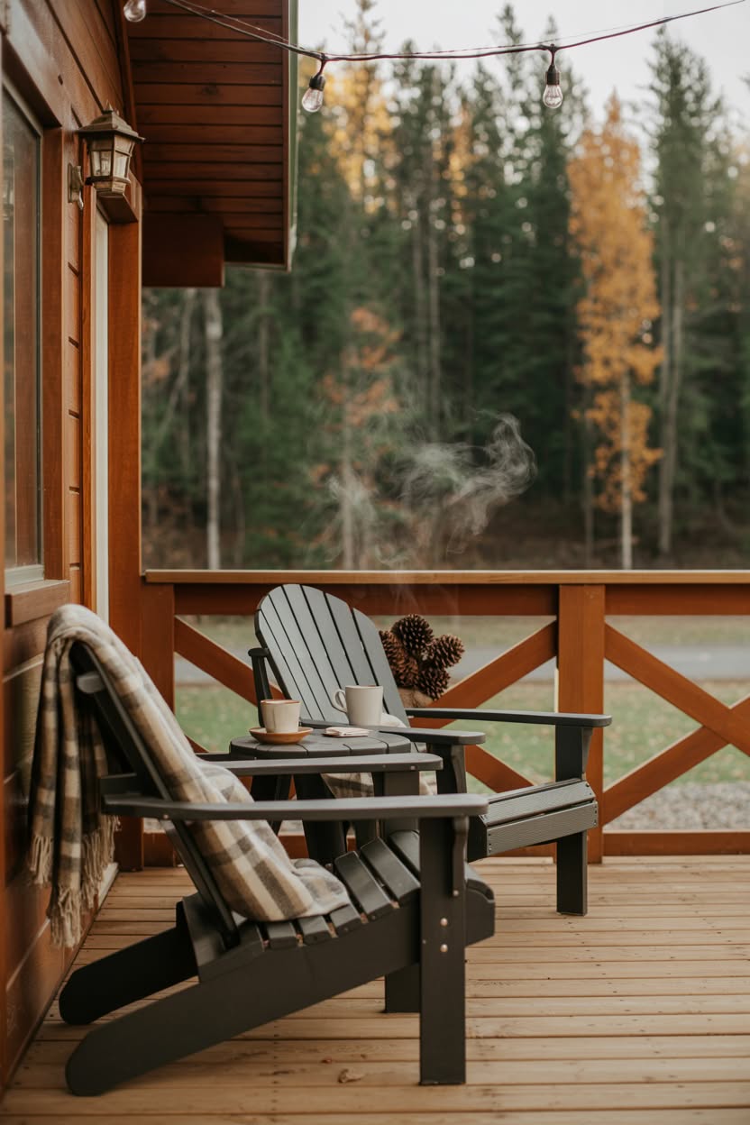 Cabin front porch with gray Adirondack chairs steaming coffee mugs and autumn forest view