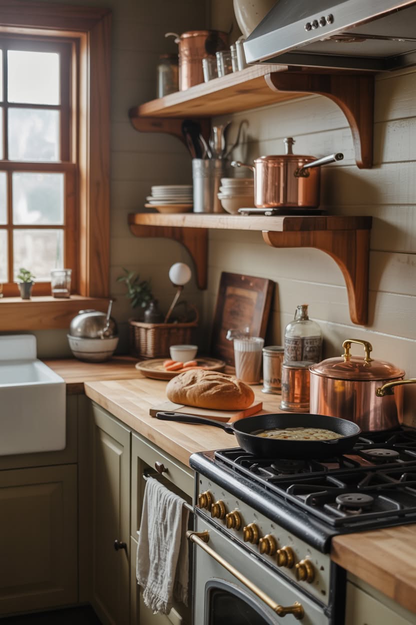 Sage green cottage kitchen with copper pots open shelving farmhouse sink and fresh bread