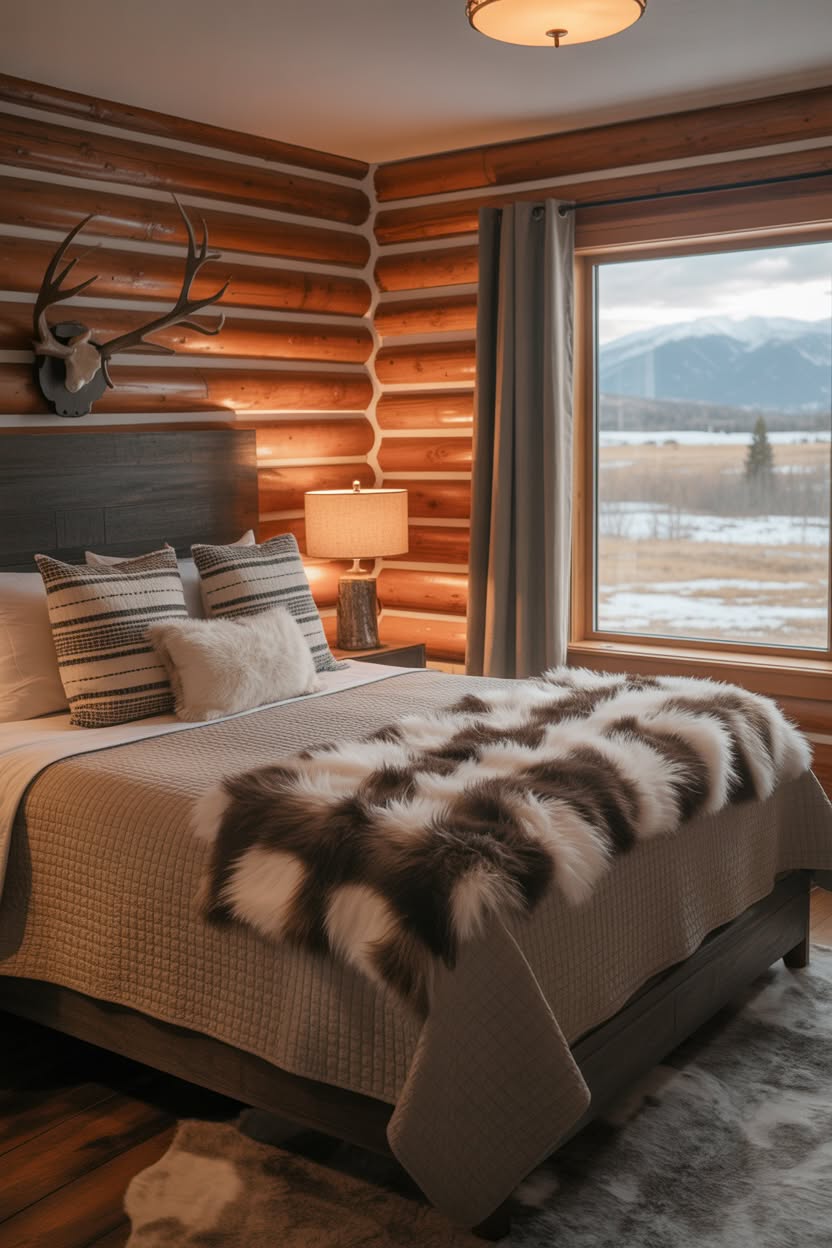 Log cabin bedroom with faux fur throw antler mount and snowy mountain view through window
