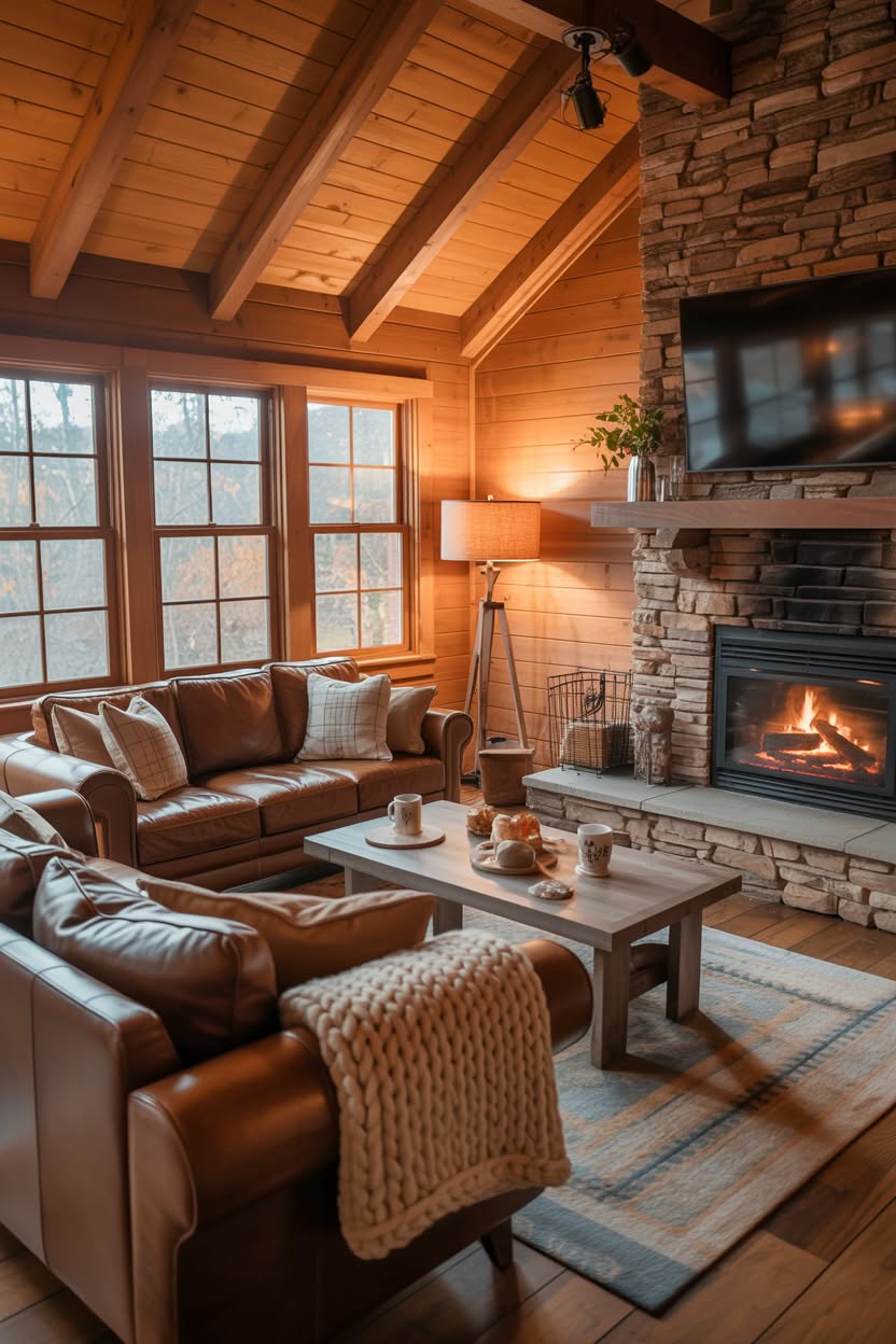 Cabin living room with stacked stone fireplace leather sofas chunky knit throw and vaulted wood ceiling