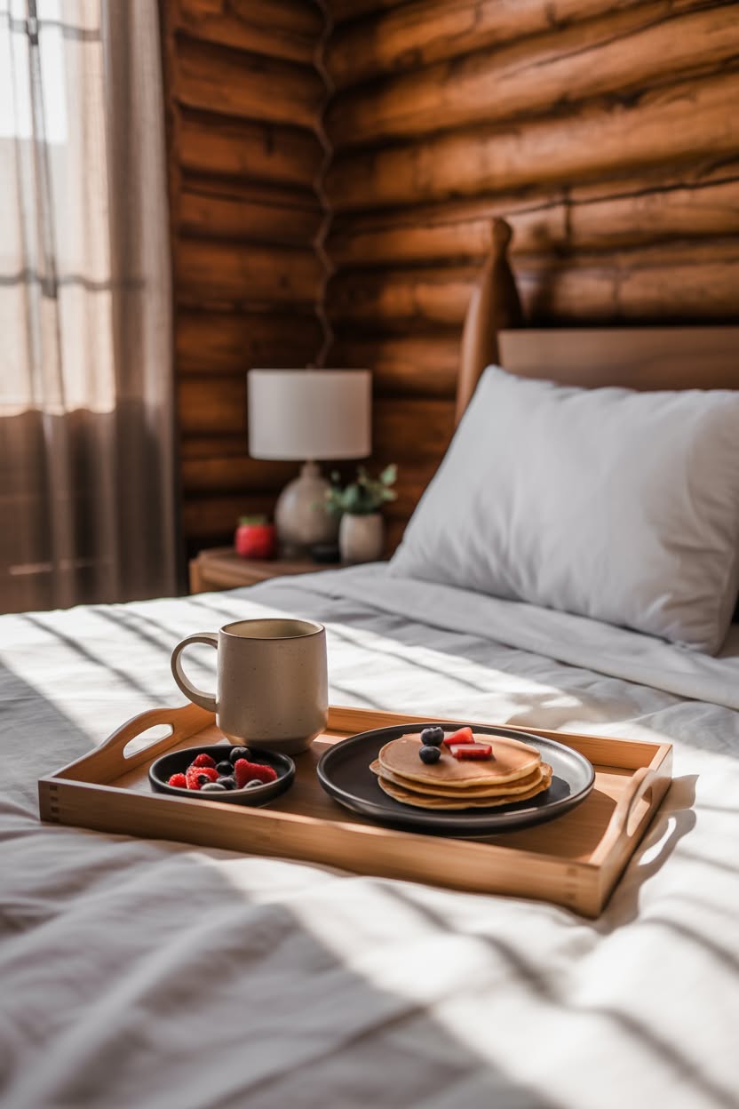 Breakfast tray with pancakes and berries on white bedding in cozy log cabin bedroom