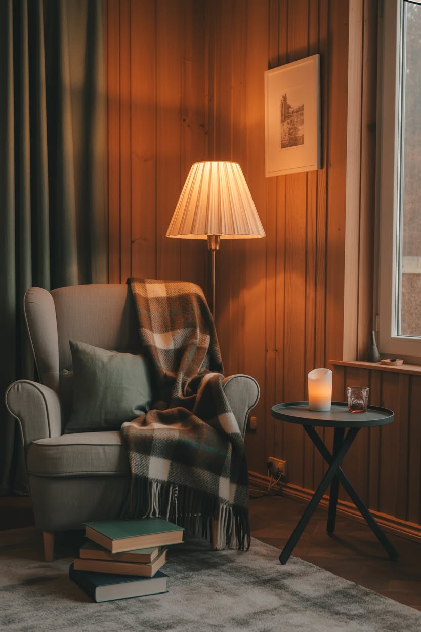 Cozy reading nook with sage wingback chair plaid blanket and glowing floor lamp in wood paneled room
